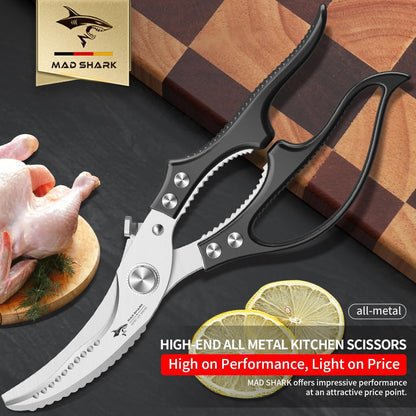 MAD SHARK Heavy Duty Poultry Shears, Kitchen Shears with Non-Slip Handle & Safety Lock, All Purpose Kitchen Scissors for Chicken, Meat Cutting, Turkey, Fish, Vegetables, Spring Loaded, Dishwasher Safe