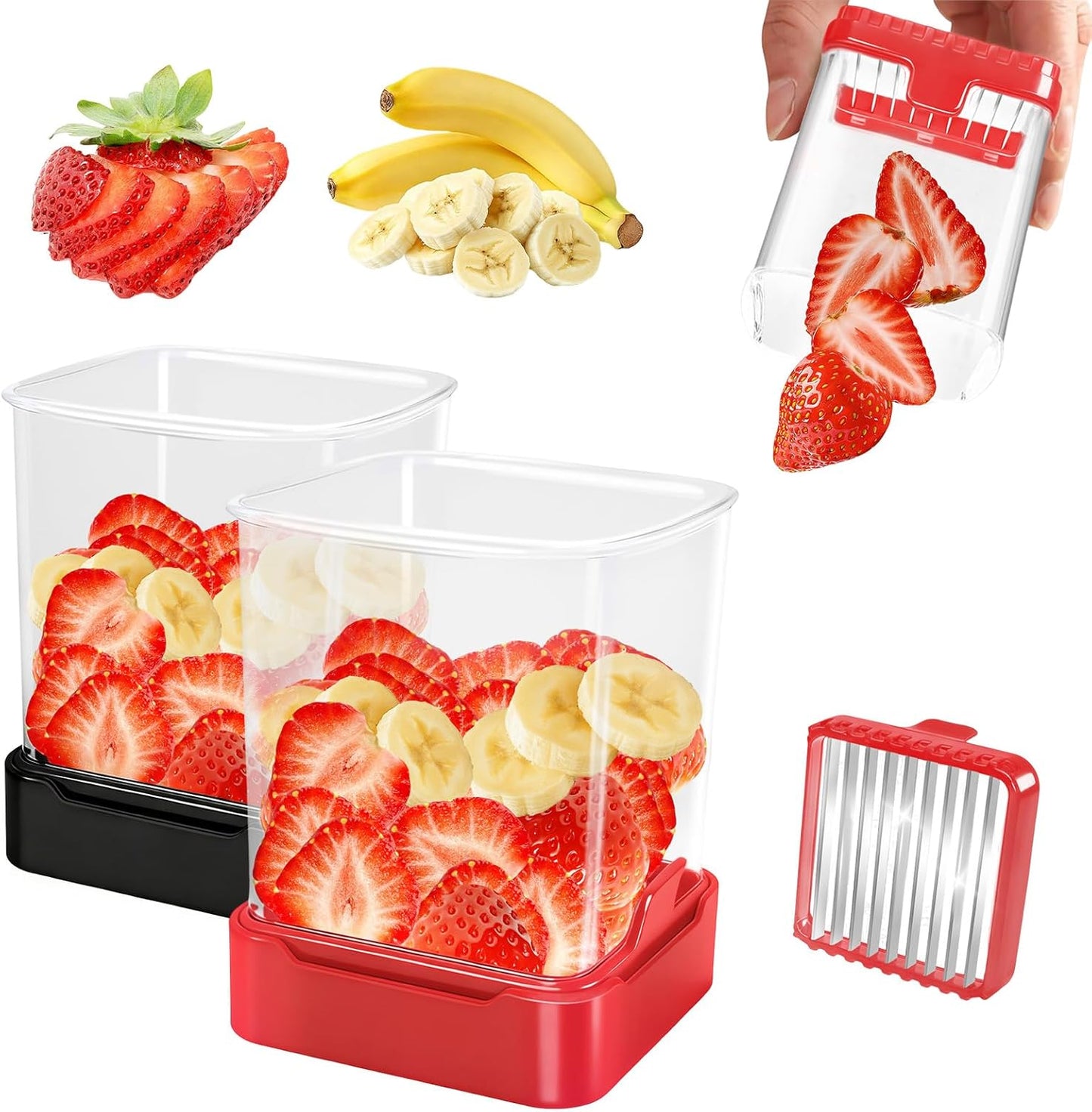 Fruit Slicer Cup for Strawberry, Banana, Hard-Boiled Egg - Detachable Cutter with Push Plate - 304 Stainless Steel Blade - Rapid & Safe Slicing Kitchen Gadget for Quick Meal Prep (Black)