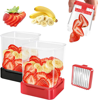 Fruit Slicer Cup for Strawberry, Banana, Hard-Boiled Egg - Detachable Cutter with Push Plate - 304 Stainless Steel Blade - Rapid & Safe Slicing Kitchen Gadget for Quick Meal Prep (Black)