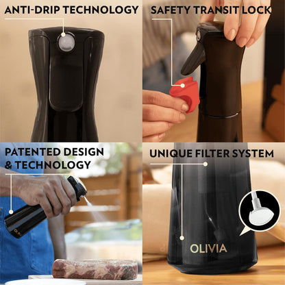 OLIVIA SIGNATURE Advanced Kitchen Oil Sprayer with Flairosol Technology, Fine Mist & Portion Control, Refillable Glass Olive Oil Cooking Spray Bottle for Air Fryer, Salad, BBQ, 200ml (Golden Leaves)
