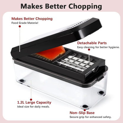 Vegetable Chopper, Onion Chopper Dicer, Mandoline Slicer, Food Chopper with Container, Vegetable Cutter for Salad Potato Carrot Garlic（2 Blades, Black）