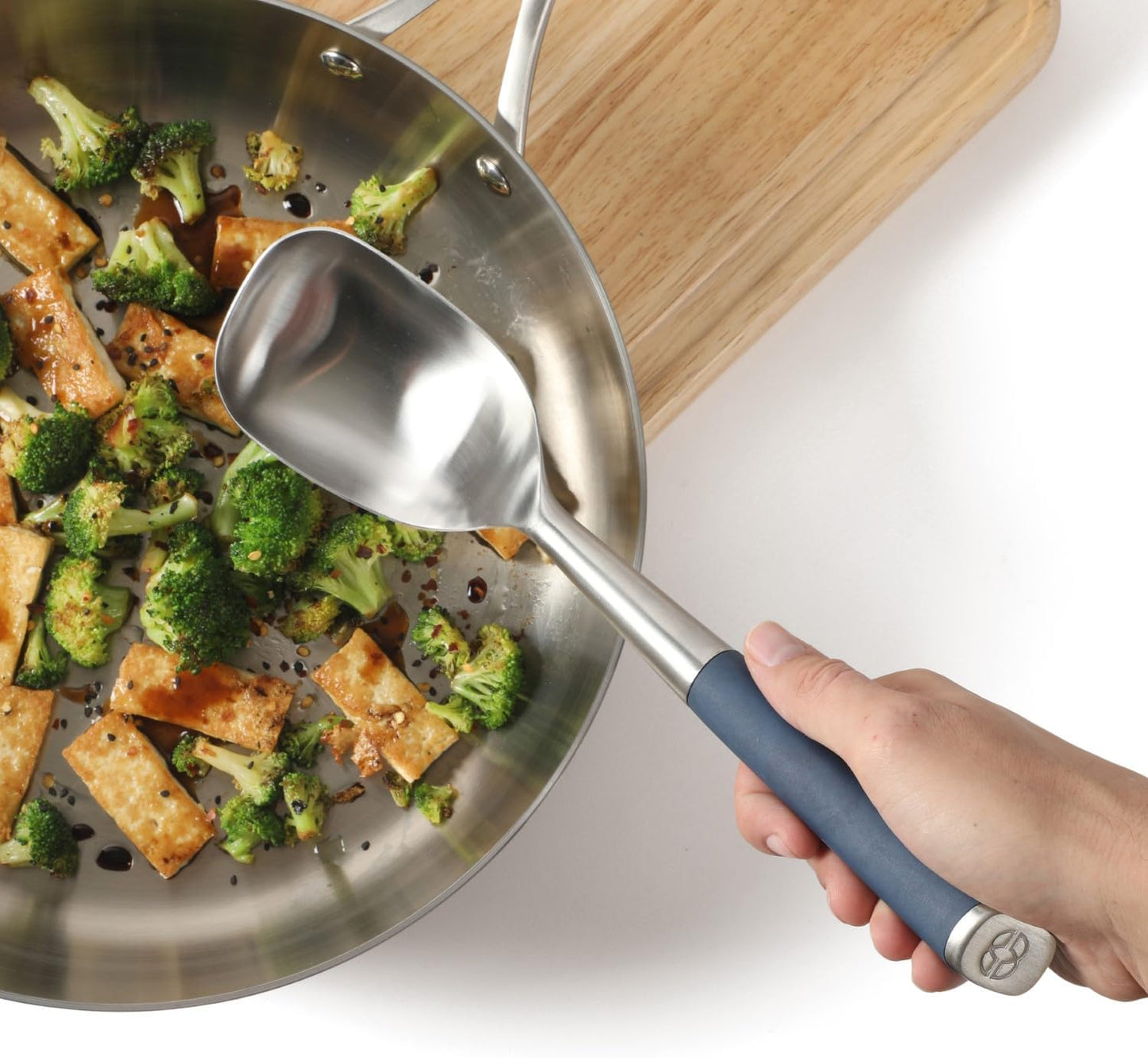 Calphalon Edge Stainless Steel Slotted Spoon/Skimmer, Kitchen Strainer Spoon, Skimmer with Silicone Heat Resistance Handle, Slotted Cooking Tool for Draining and Skimming (Blue)