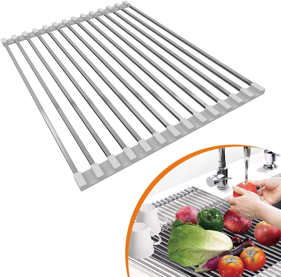 LUEXBOX Expandable Dish Drying Rack Over The Sink, Stainless Steel Drainer Basket with Adjustable Arms for Vegetable and Fruit (Grey)