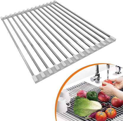 LUEXBOX Expandable Dish Drying Rack Over The Sink, Stainless Steel Drainer Basket with Adjustable Arms for Vegetable and Fruit (Grey)