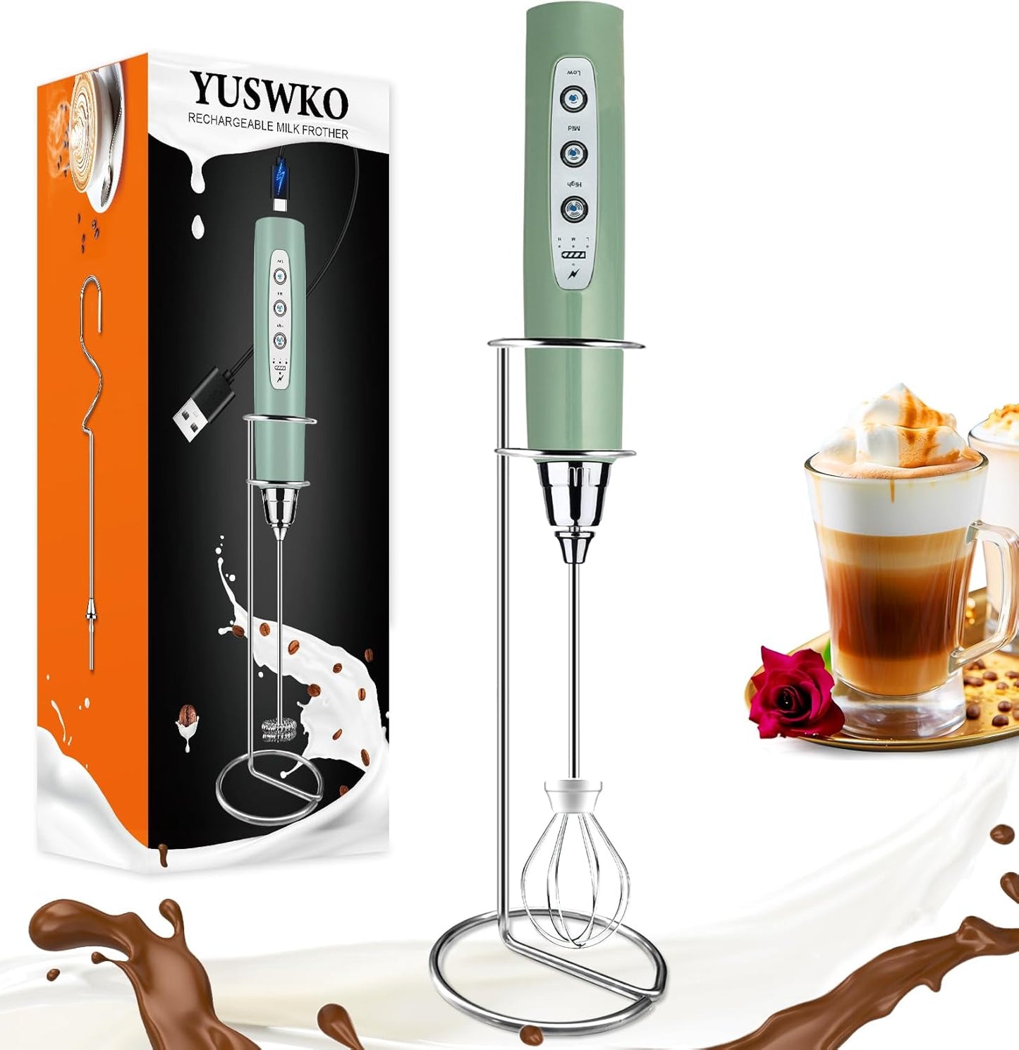 YUSWKO Black Handheld Milk Frother Wand for Coffee, Rechargeable Electric Whisk with 3 Heads 3 Speeds Drink Mixer Coffee Frother For Latte, Cappuccino, Hot Chocolate, Egg