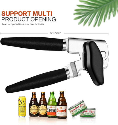 Can Opener Stainless Steel Manual Can Opener Easy Turn Knob Sharp Cutting Wheel Good Grips with Built-in Bottle Opener