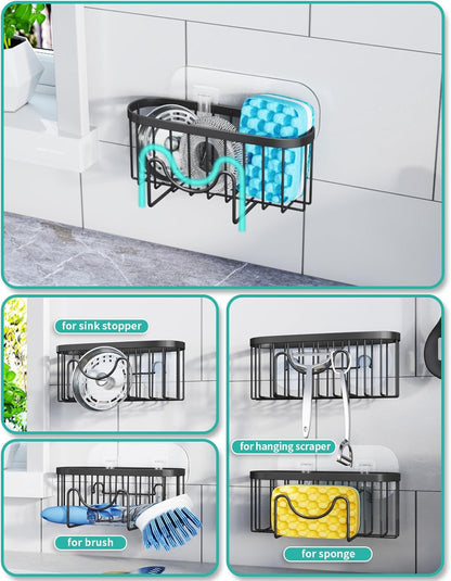 HapiRm Multifunctional Sponge Holder with Unique M-Shaped, 2 Installation Methods Kitchen Sink Caddy Organizer, Rustproof Stainless Steel Kitchen Organizers and Storage Essentials - Black