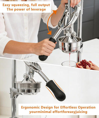 Manual Juicer Professional Hand Press - Heavy Duty Stainless Steel Citrus Squeezer for Orange, Lemon & Pomegranate with Stable Base and Measuring Cup, Commercial Grade Extraction