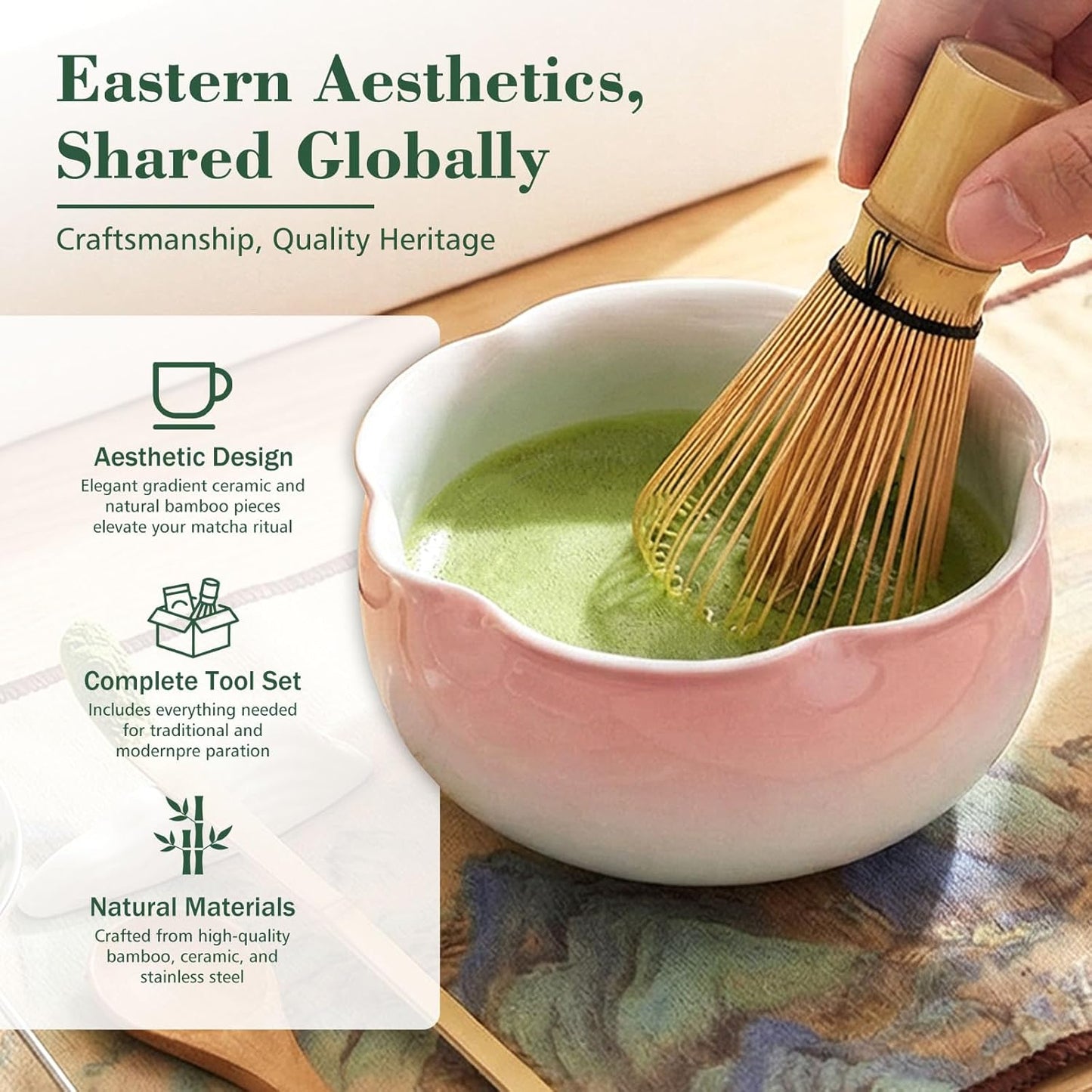 Mint Pink Matcha Whisk & Bowl Set, 8-Piece Complete Matcha Making Kit, Ceremonial Grade Starter Set with Elegant Floral Gift Packaging