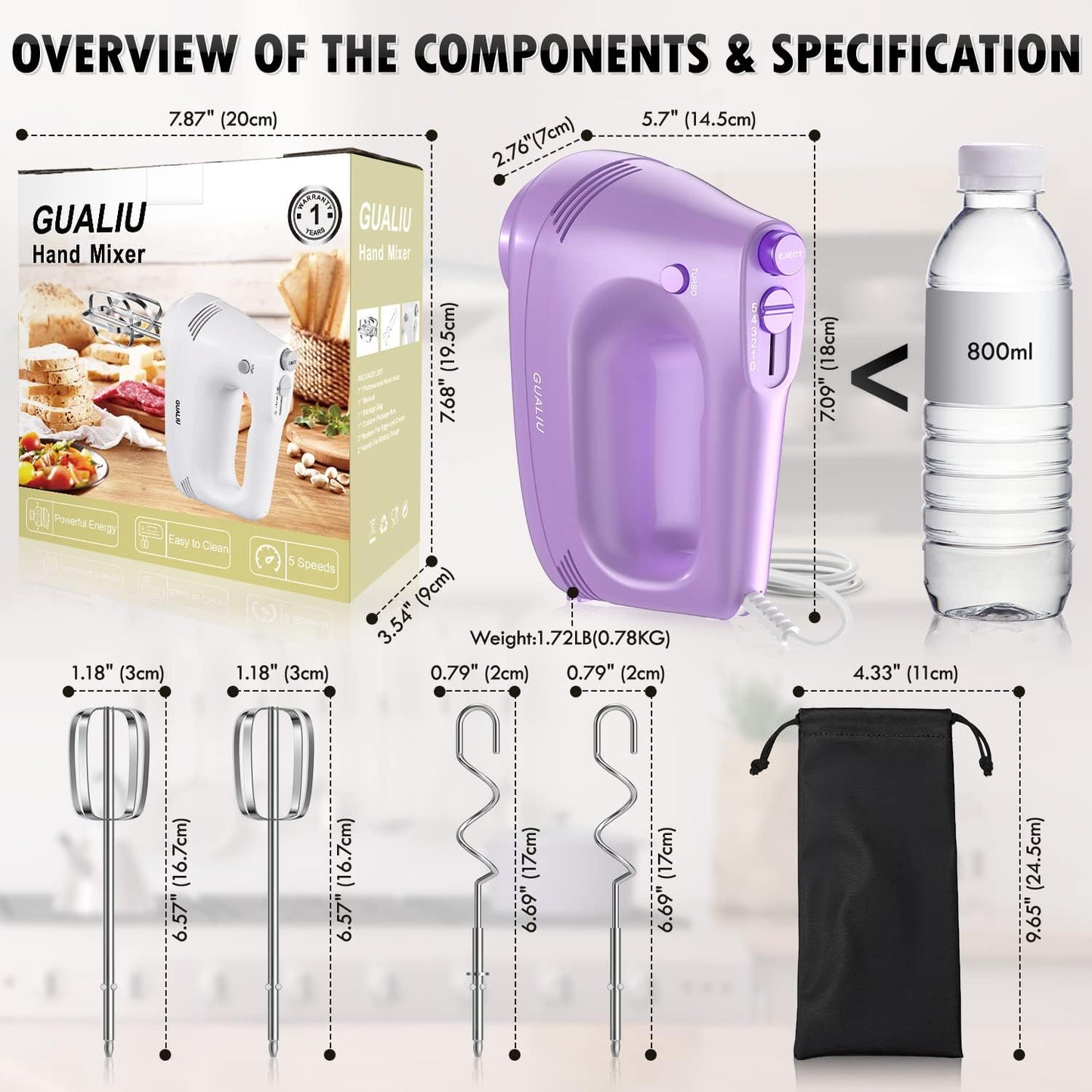 GUALIU Electric Hand Mixer with Stainless Steel Whisk, Dough Hook Attachment and Storage Bag, Handheld Mixer for Baking Cakes, Eggs, Cream Food Mixers. Turbo Boost /5 Speed Kitchen Blender PINK