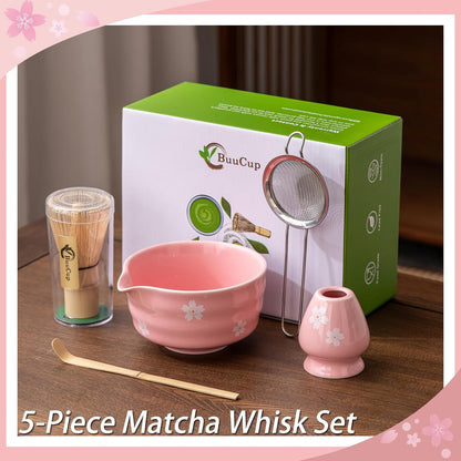 Buucup Matcha Set, Matcha Bowl with Spout, Matcha Whisk and Holder, Bamboo matcha Scoop and Stainless Sifter - 5 Pcs Jade Green Matcha Set Kit for Matcha Lover