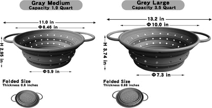Silicone Collapsible Colander with Handle, Kitchen Colander for Easy Storage,Four-side Fast Draining Silicone Draining Basket, Perfect for Fruits Vegetables (Gray M)