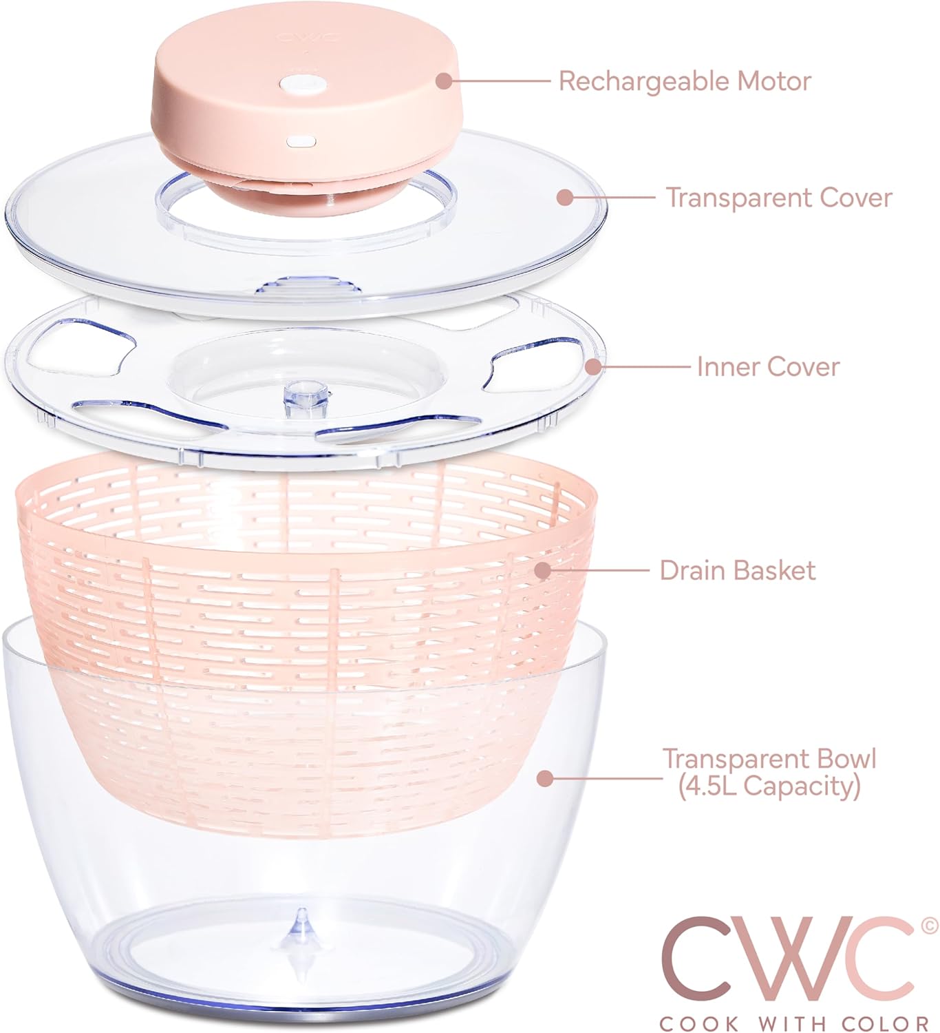 COOK WITH COLOR Electric Salad Spinner, Round 4.5L Capacity – Fast Drying & Easy Spin for Fresh Greens, Cream