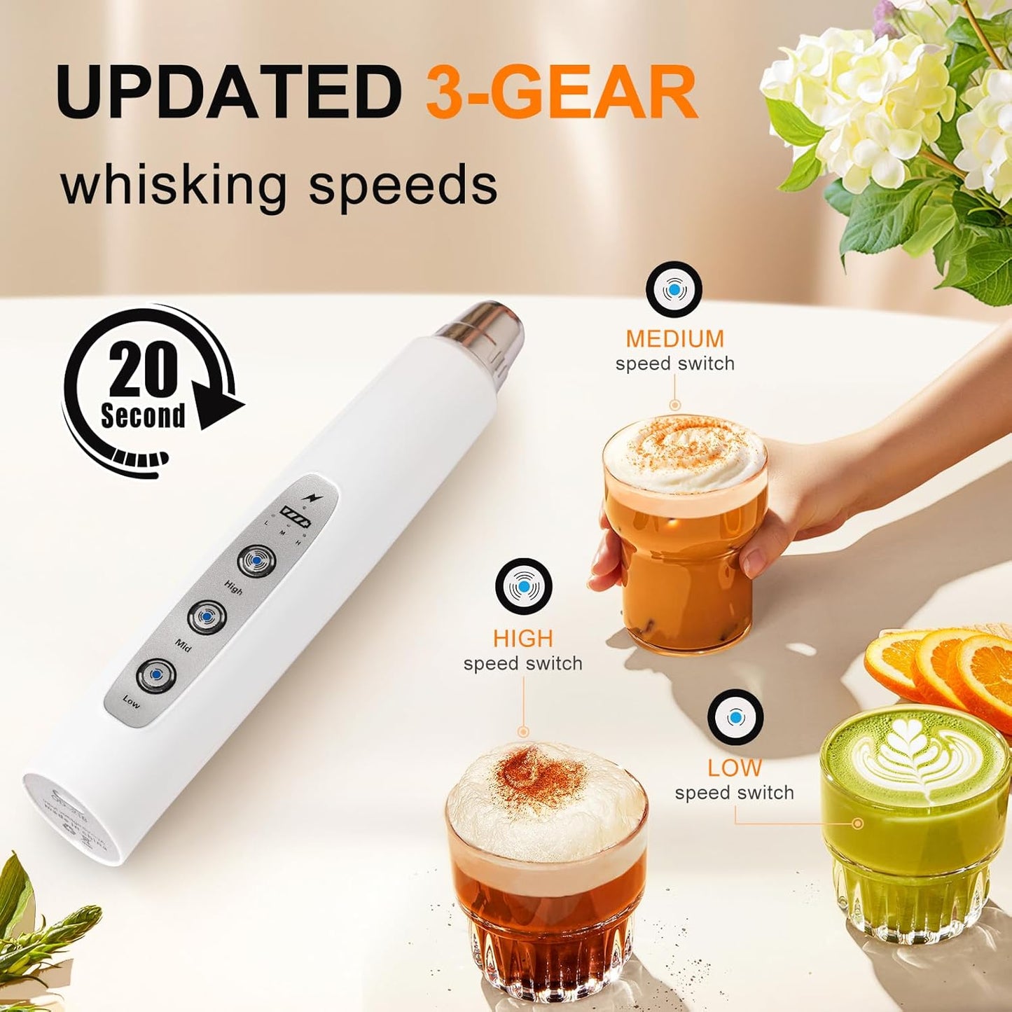 YUSWKO Black Handheld Milk Frother Wand for Coffee, Rechargeable Electric Whisk with 3 Heads 3 Speeds Drink Mixer Coffee Frother For Latte, Cappuccino, Hot Chocolate, Egg