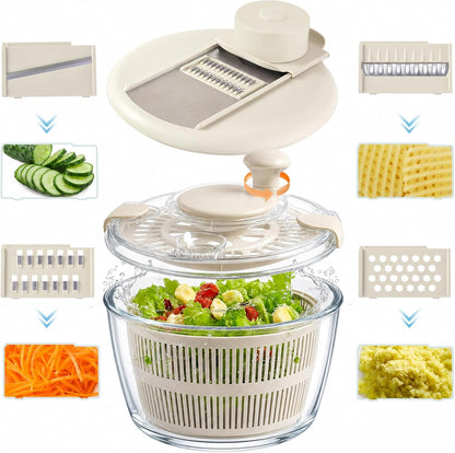 Borosilicate Glass Large Salad Spinner Vegetable Washer 5.2 Quart BPA-Free Slicer Drain with 5 Chopping Blades Dishwasher Safe Handle Washing and Dehydrating Lettuce Fruit Veggie Bowl