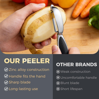 One-piece vegetable peeler with ergonomic non-slip handle and sharp blade, sturdy and durable—the perfect kitchen peelers designed for vegetables, fruits, potatoes, carrots, and apples-black