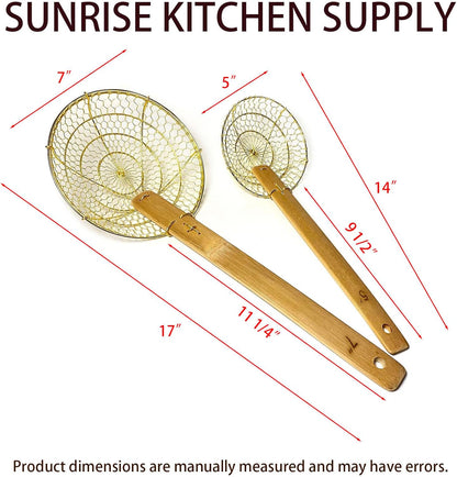 5" & 7" Round Brass Spider Strainer with Bamboo Handles Set Sunrise Kitchen Supply