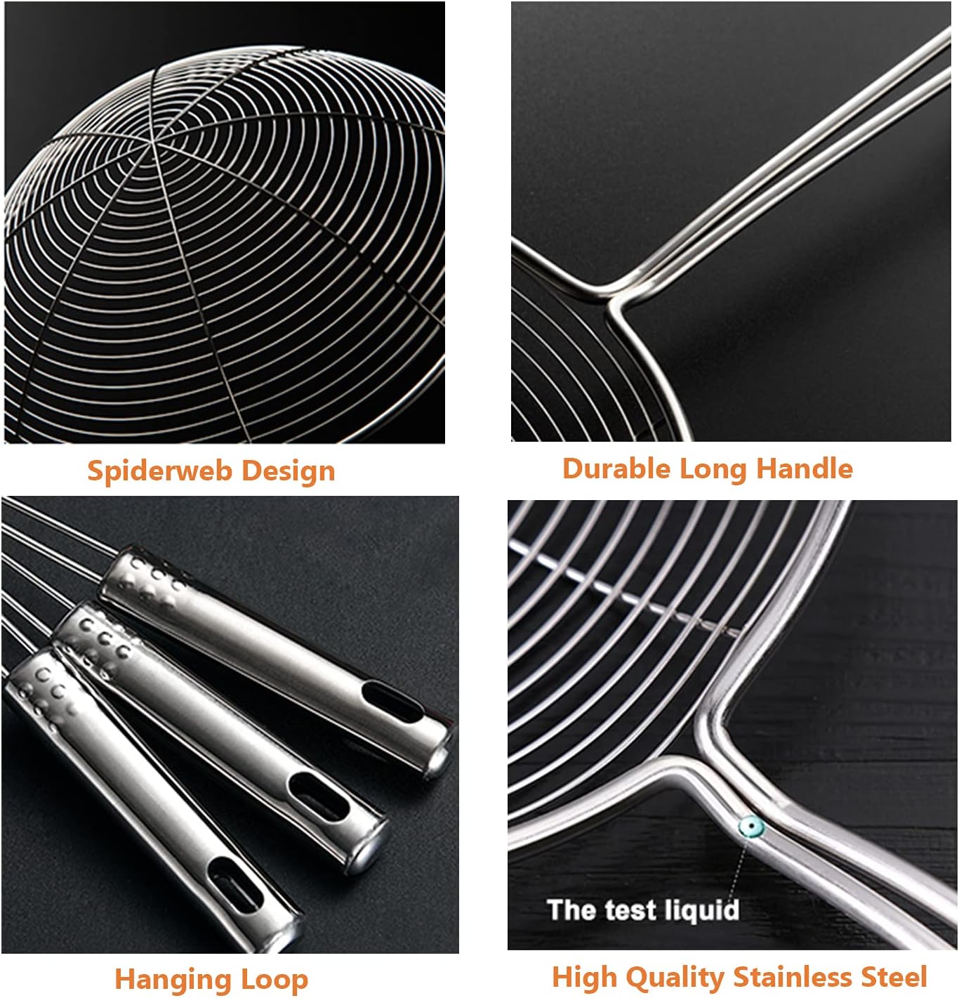 Spider Strainer Skimmer Spoon, HSpiow Set of 3 Sizes Frying Spoon Stainless Steel Fryer Scoop Wire Strainer Ladle with Long Handle for Kitchen Frying Cooking Food Pasta