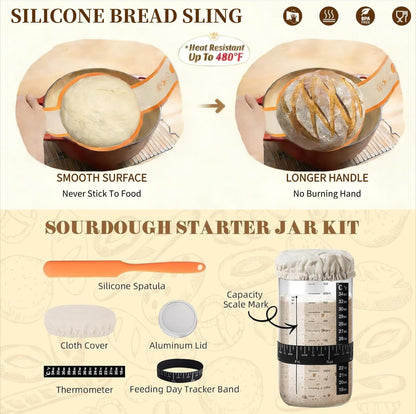 Sourdough Starter Kit, Sourdough Bread Baking Supplies, 9" Round & 10" Oval Banneton Bread Proofing Basket, Bread Sling, Starter Jar, Dough Whisk ect Complete Baking Set for Women Wife Mom
