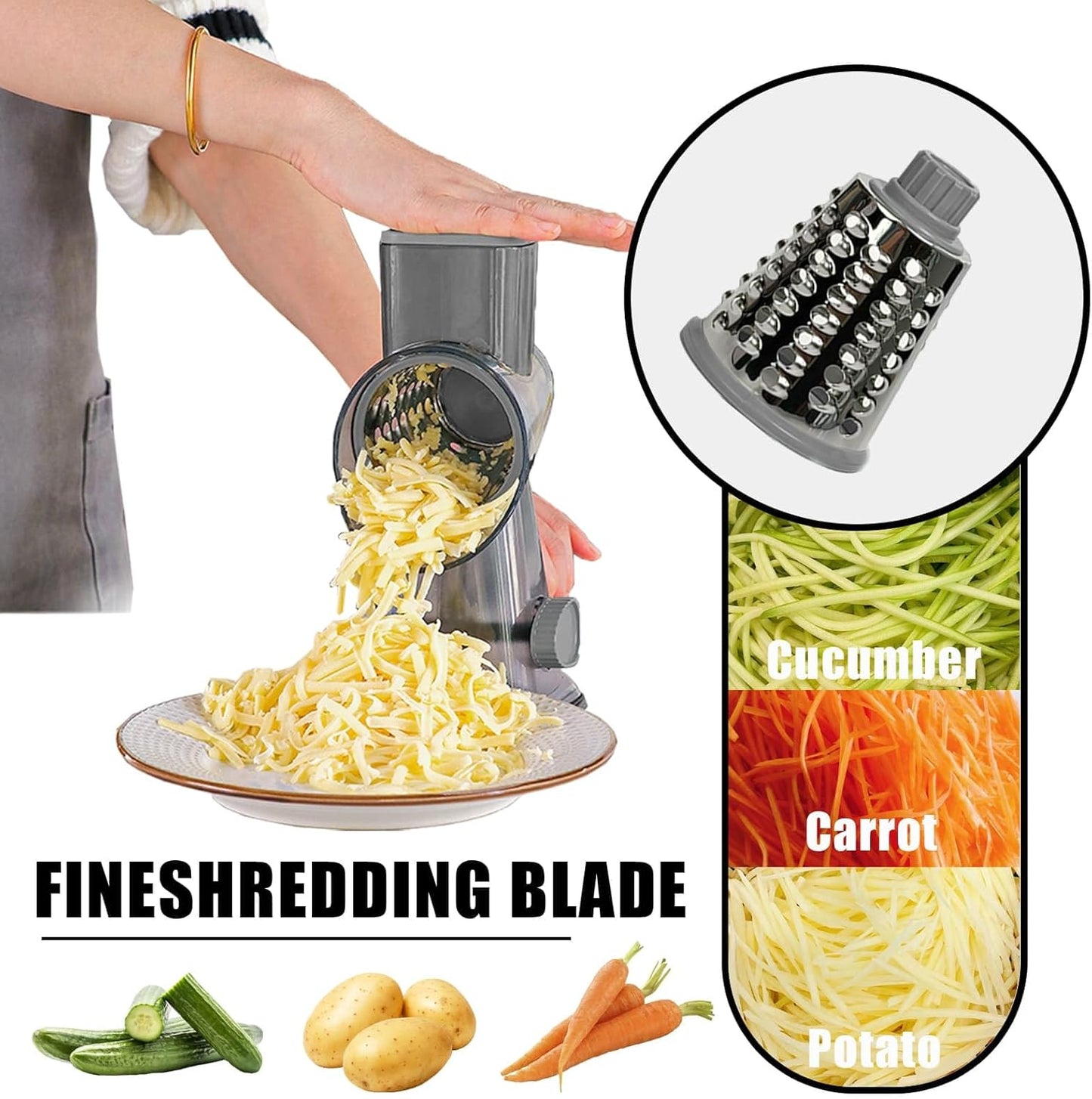 Cheese Grater Hand Crank, Stainless Steel Cheese Shredder with Strong Suction Base, Rotary Grater for Carrots, Potatoes, Vegetables and Fruits, Easy to Clean