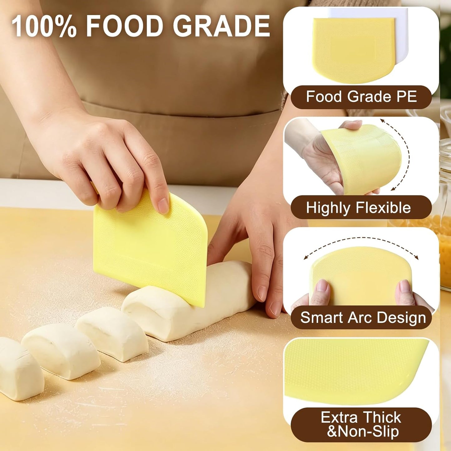 Versatile Bench Scraper with Wood Handle, Premium Stainless Steel Dough Scraper Cutter with 2 PCS Flexible Bowl Scraper for Pastry Bread Pizza, Kitchen Scraper Tool for Flat Top Griddle