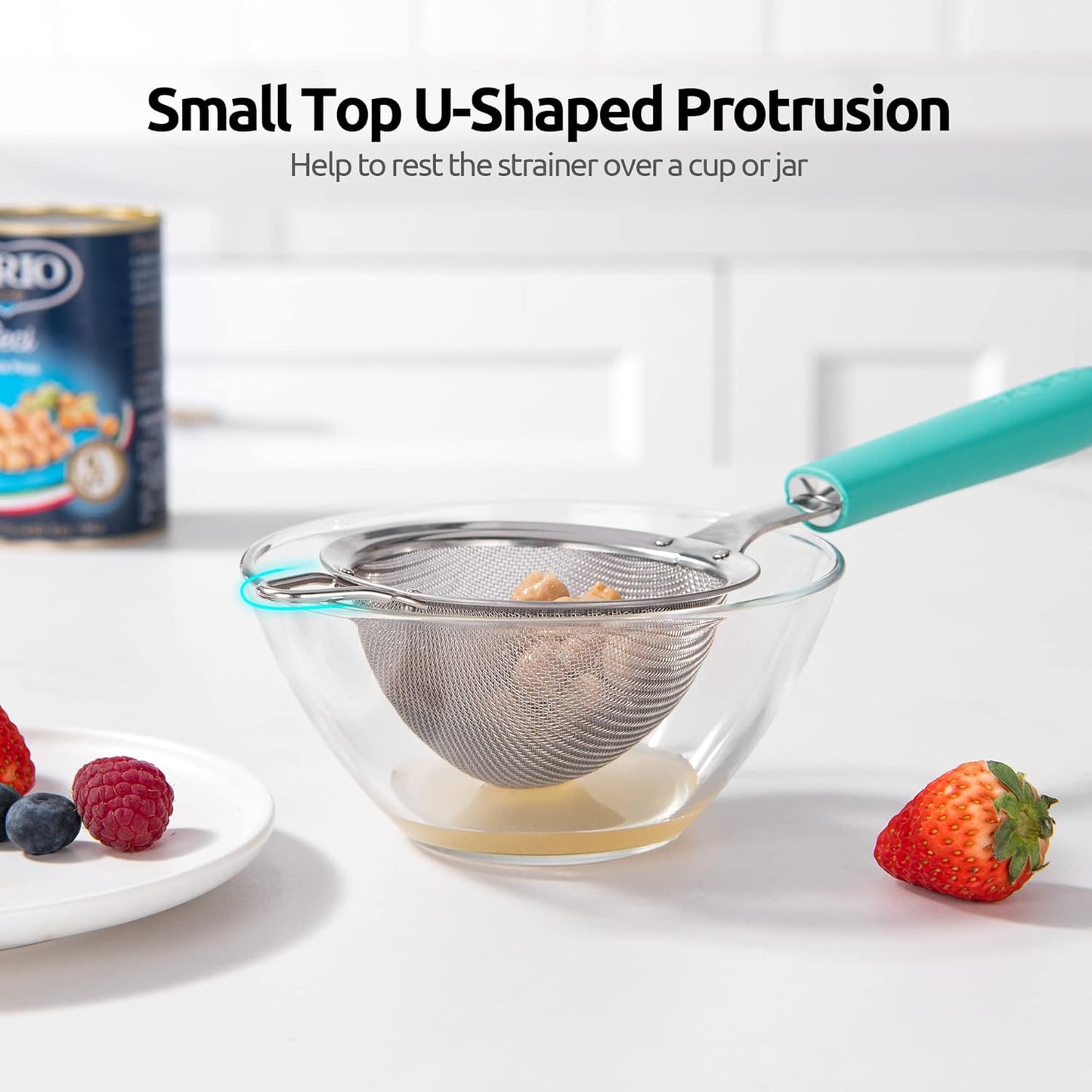 18/8 Stainless Steel Mesh Strainer: U-Taste 5.5 Inch Kitchen Fine Mesh Sieve Food Colander with Riveted Sturdy Silicone Handle and 30 Mesh Hole for Straining Flour, Pasta, Fruit, Quinoa(Aqua Sky)