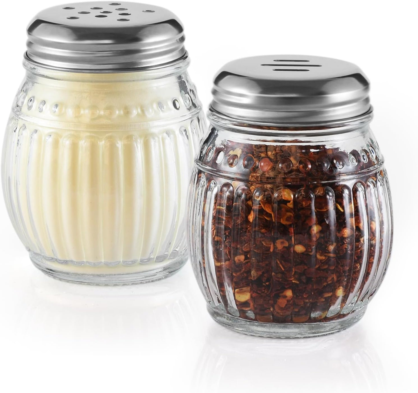 Cheese and Pepper Shakers Set of 2, 6oz Glass Spice Shakers with Perforated and Slotted Top (Clear)