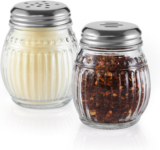 Cheese and Pepper Shakers Set of 2, 6oz Glass Spice Shakers with Perforated and Slotted Top (Clear)