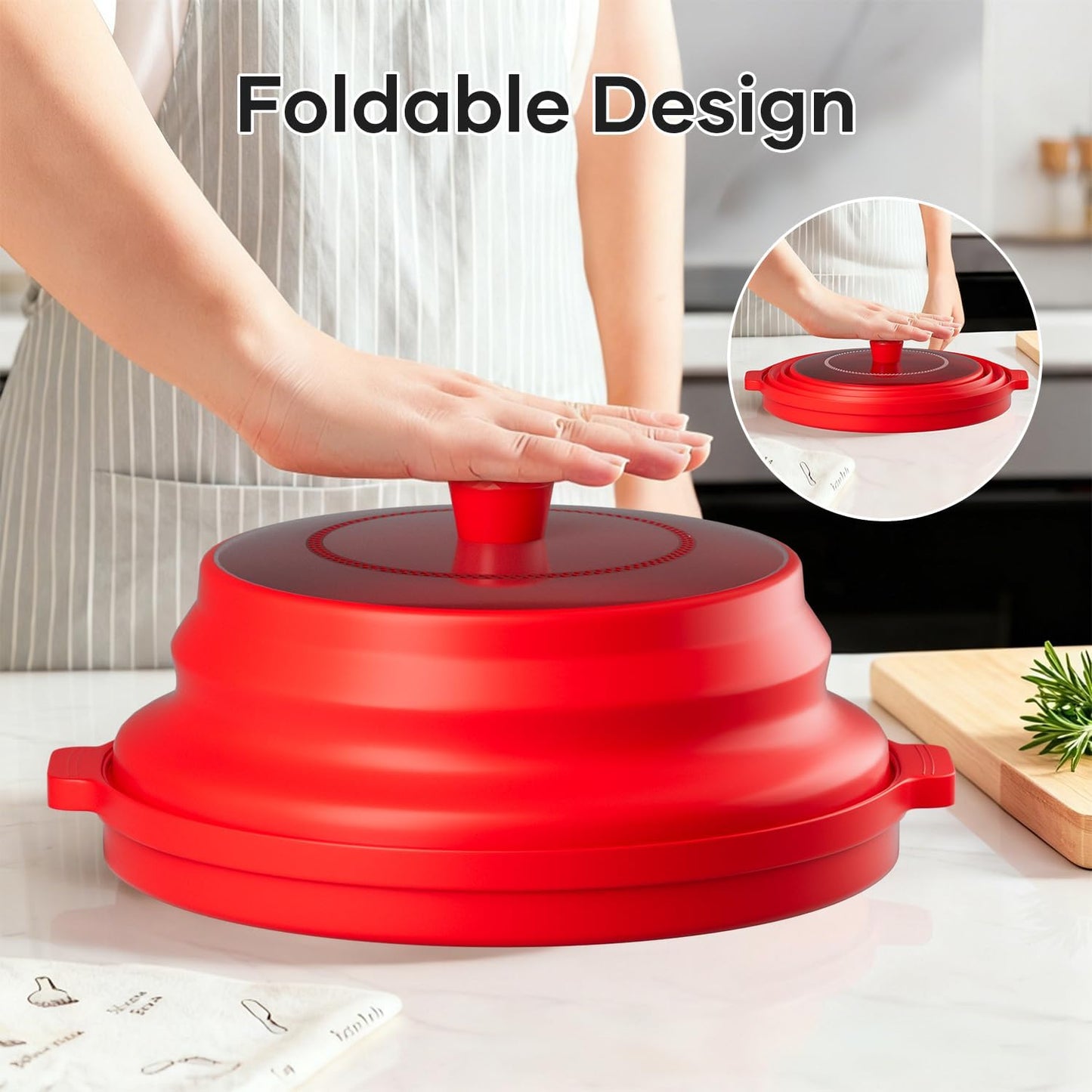 2 in 1 Microwave Splatter Cover, Large Plastic & Silicone Collapsible Vented Food Guard Lid with Anti-scald Base Plate, Plate Holder & Kitchen Colander (Red)