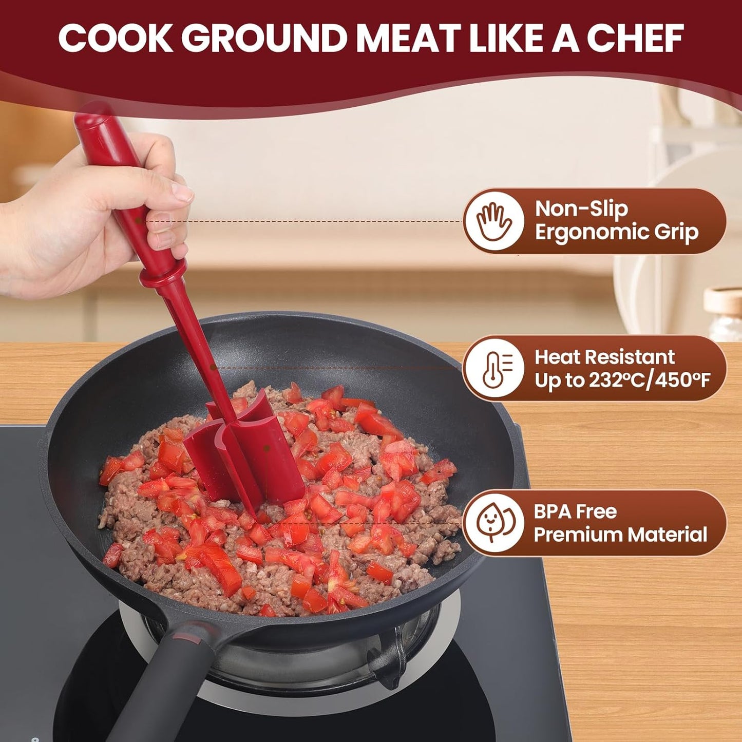 CUNSENR Premium Meat Chopper - 5 Curve Blade Ground Beef Smasher Tool - Heat-Resistant Nylon Meat Masher for Ground Beef, Hamburger, Potatoes - Non-Stick Ground Meat Chopper for Easy Mixing - Black