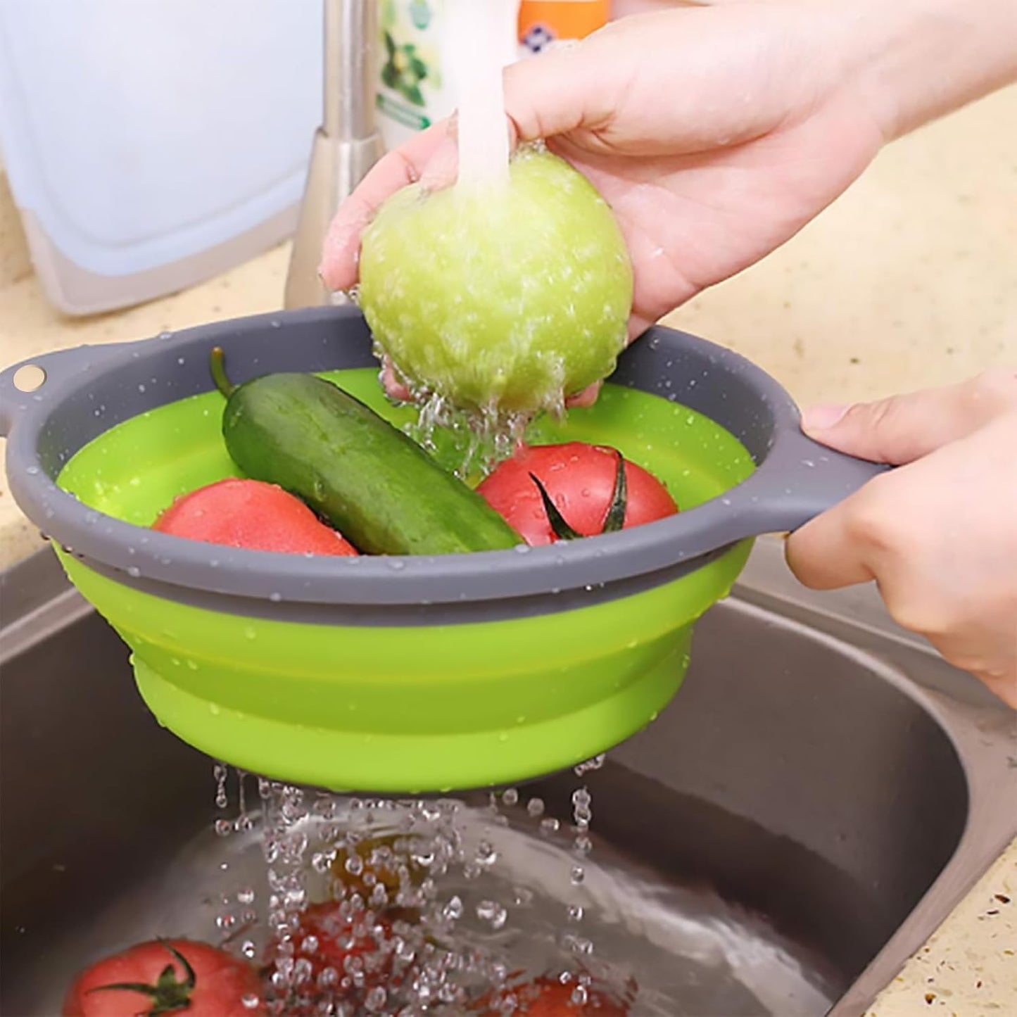 Kitchen Collapsible Colanders Set,Collapsible Colanders with Handles,Dishwasher Safe,Space-Saver Folding Strainer Colander for Draining Pasta Vegetable Fruits (Green)