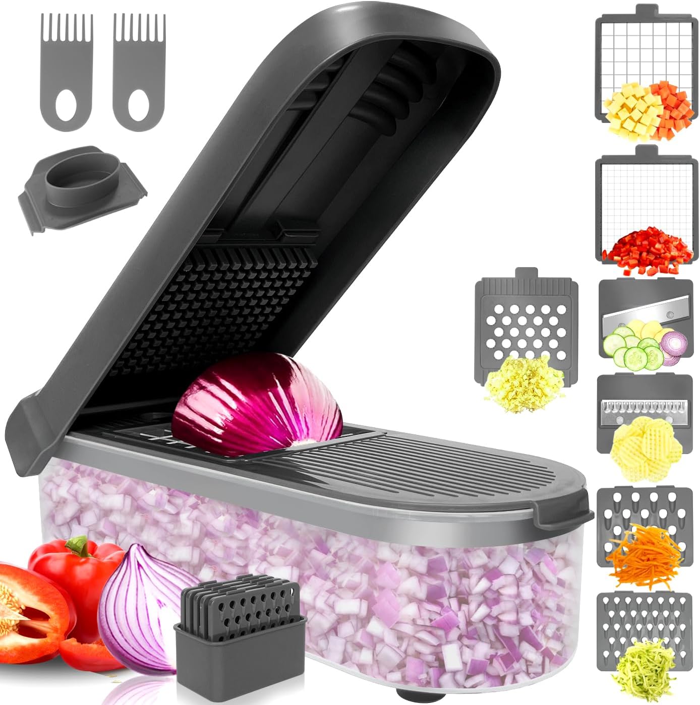 LHS Vegetable Chopper Multifunctional Food Chopper Onion Chopper Vegetable Slicer Dicer Cutter Potato Cutter Veggie Chopper with Container with Spiralizer (12 in 1, Black)