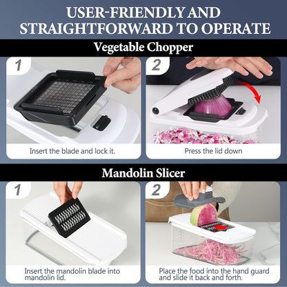 Ourokhome Veggie Chopper and Dicer with Container, Manual Hand Food Mandolin Slicer with 4 in 1 Handheld Vegetable Spiralizer for Zucchini, Potato, Onion, Essential Kitchen Gadgets (12 in 1, Gray)