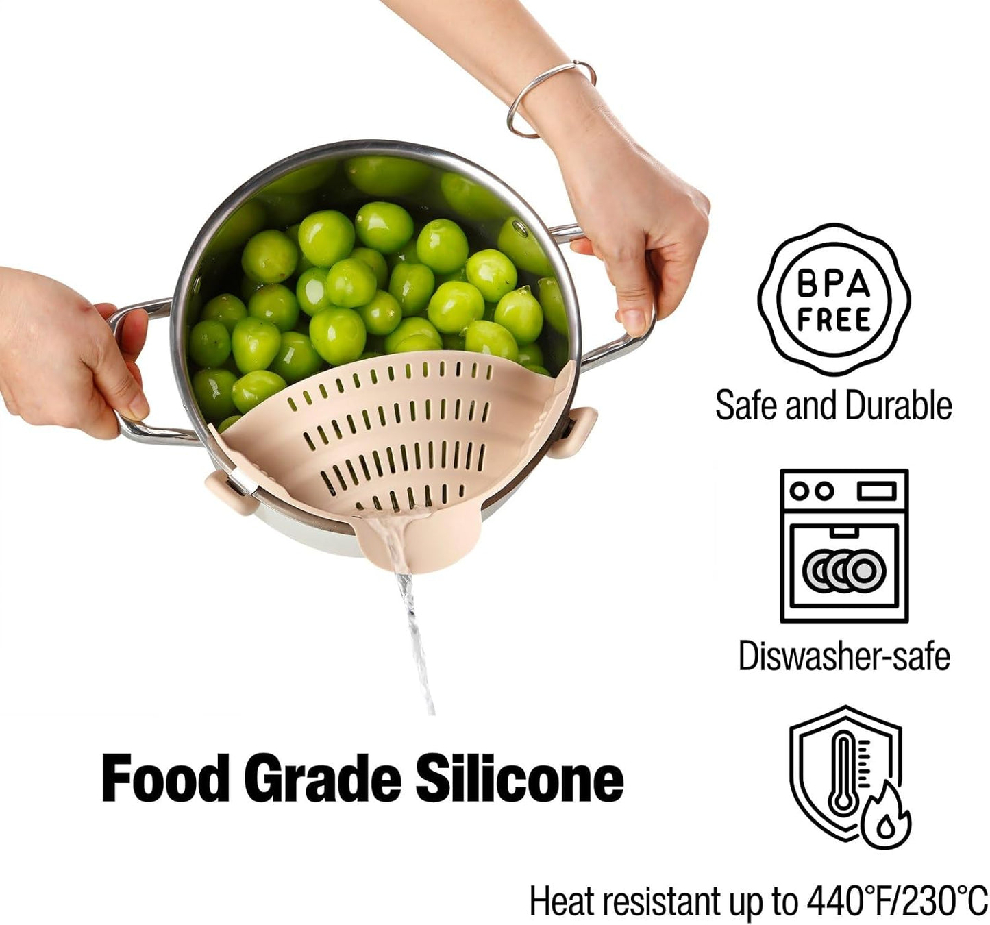 Silicone Pot Strainer, Emptycolor Adjustable Clip On Strainer for Pots Pans, Heat Resistant Pot Drainer, Kitchen Pasta Colander for Vegetables and Noodles (Grey)