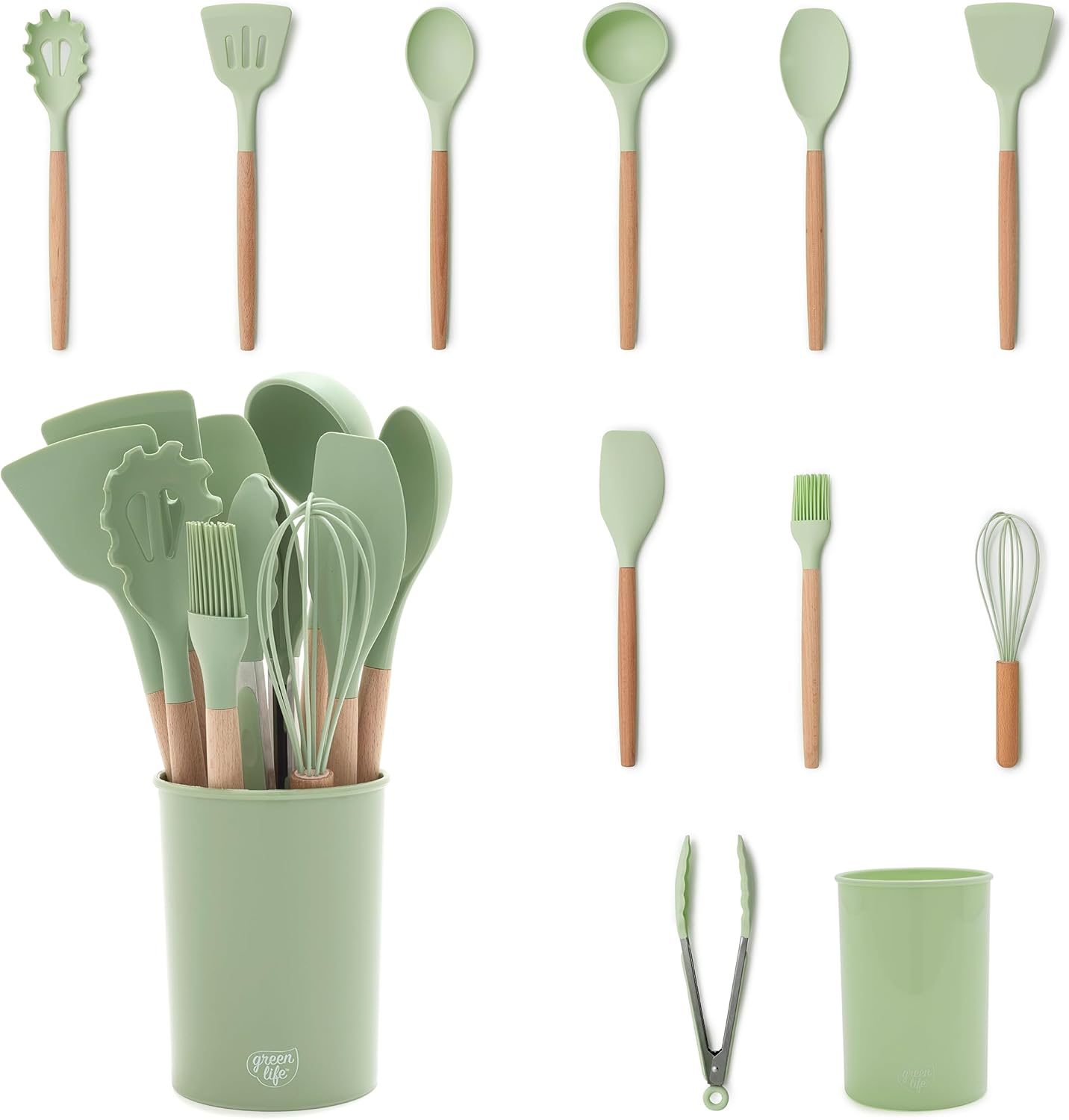 GreenLife 11 Piece Silicone Utensil Crock Set, Nonstick Kitchen Tools, Ladle, Turner, Slotted Turner, Spatula, Spoon, Spaghetti Server, Brush, Whisk, Tongs, Crock, Cream White