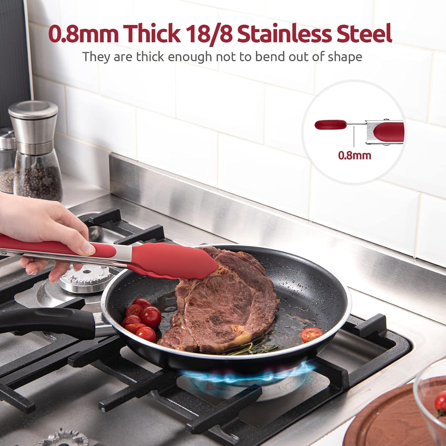 600ºF Heat Resistant Kitchen Tongs: U-Taste 9 inch Silicone Cooking Tong with Firm Sealed Non Stick Rubber Tips & Silicon Coated 18/8 Stainless Steel Handle & Smooth Locking for Serving Salad (Black)