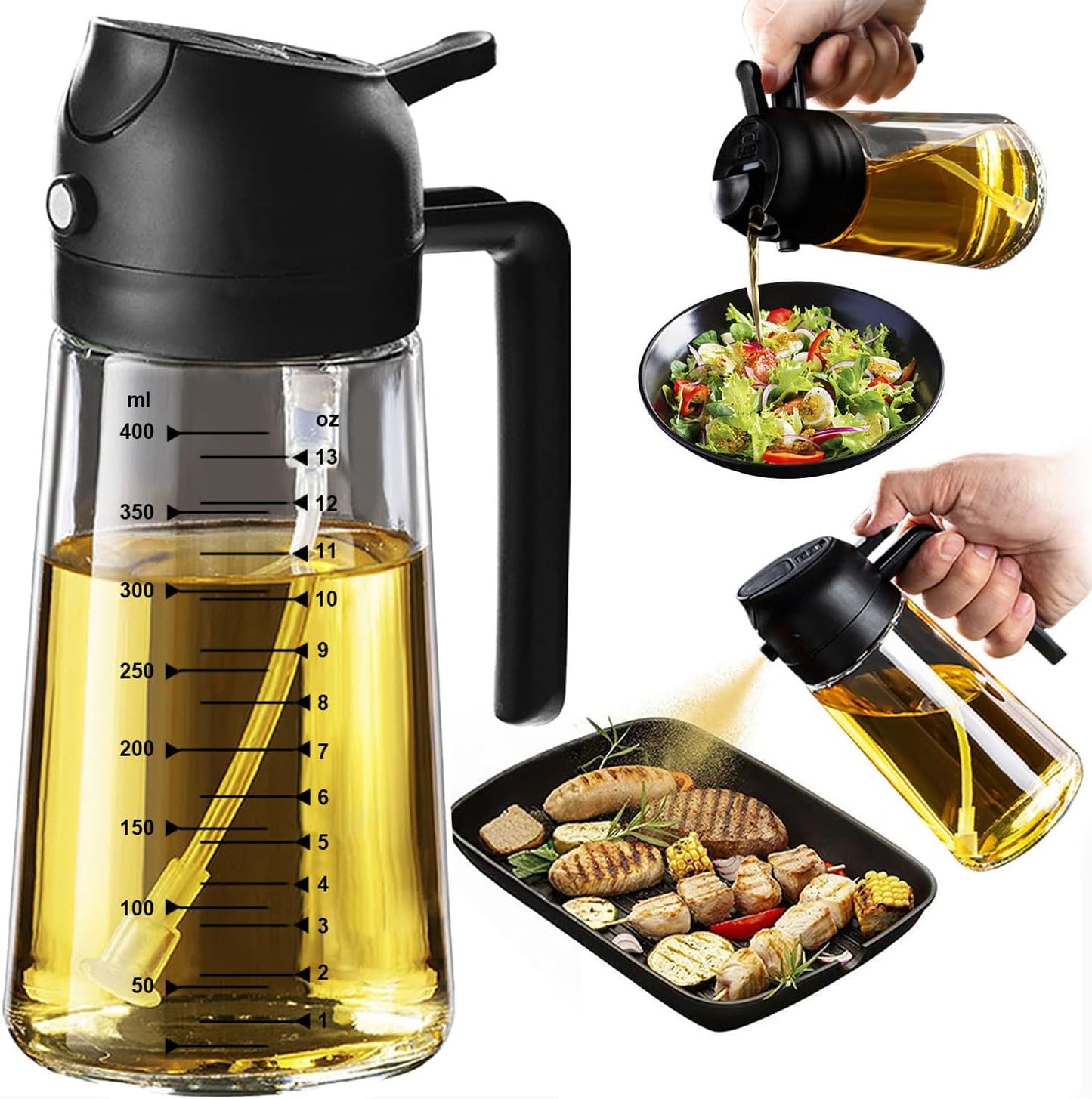 TrendPlain 16oz/470ml Glass Olive Oil Sprayer for Cooking – 2 in 1 Olive Oil Dispenser Bottle for Kitchen Gadgets and Air Fryer Accessories, Salad, BBQ - Green