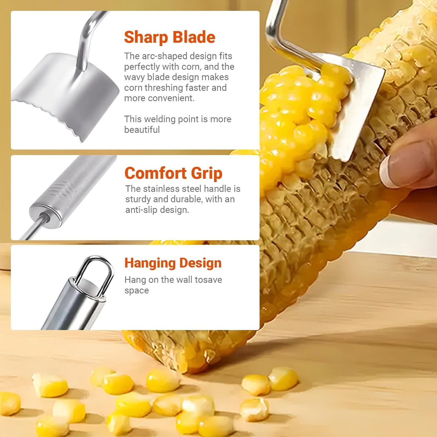 3pcs Stainless Steel Corn Peeler Stripper with Serrated Blade, Long Oval Ergonomic Handle + Corn Holder, 2025 Upgraded Gadget Tool for corn on the cob
