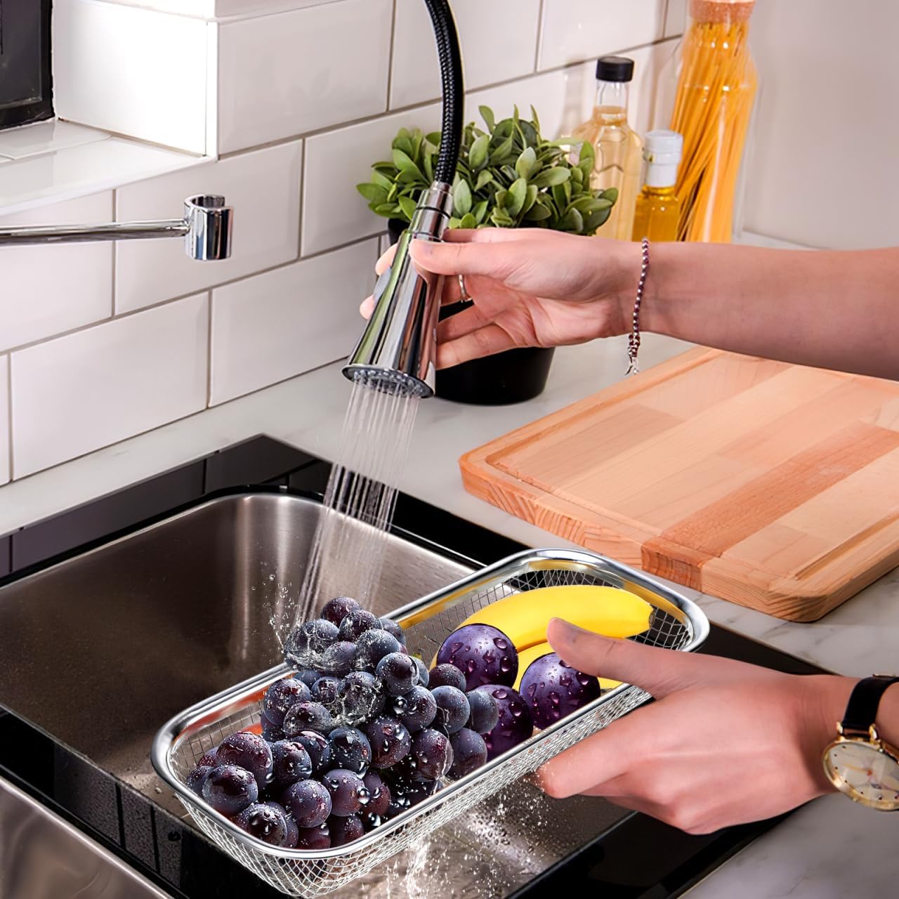 Ipetboom Stainless Steel Drain Basket Sieve - Thickened Multi-Purpose Fruit and Vegetable Colander for Kitchen Sink over the Sink Strainer and Storage Basket - Size S, 31x12x5.5cm
