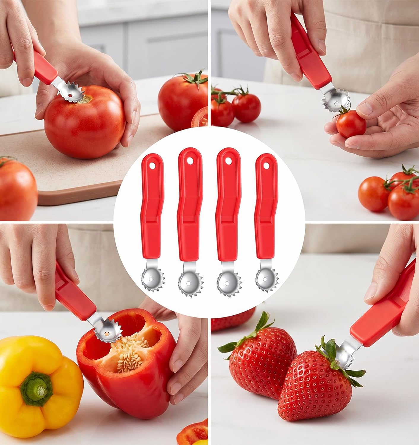 5 Pcs Tomato Corer Tool, Stainless Steel Tomato Corer, Multi-Purpose Strawberry Corer with Plastic Handle for Fruit Stem Remover Kitchen Tool