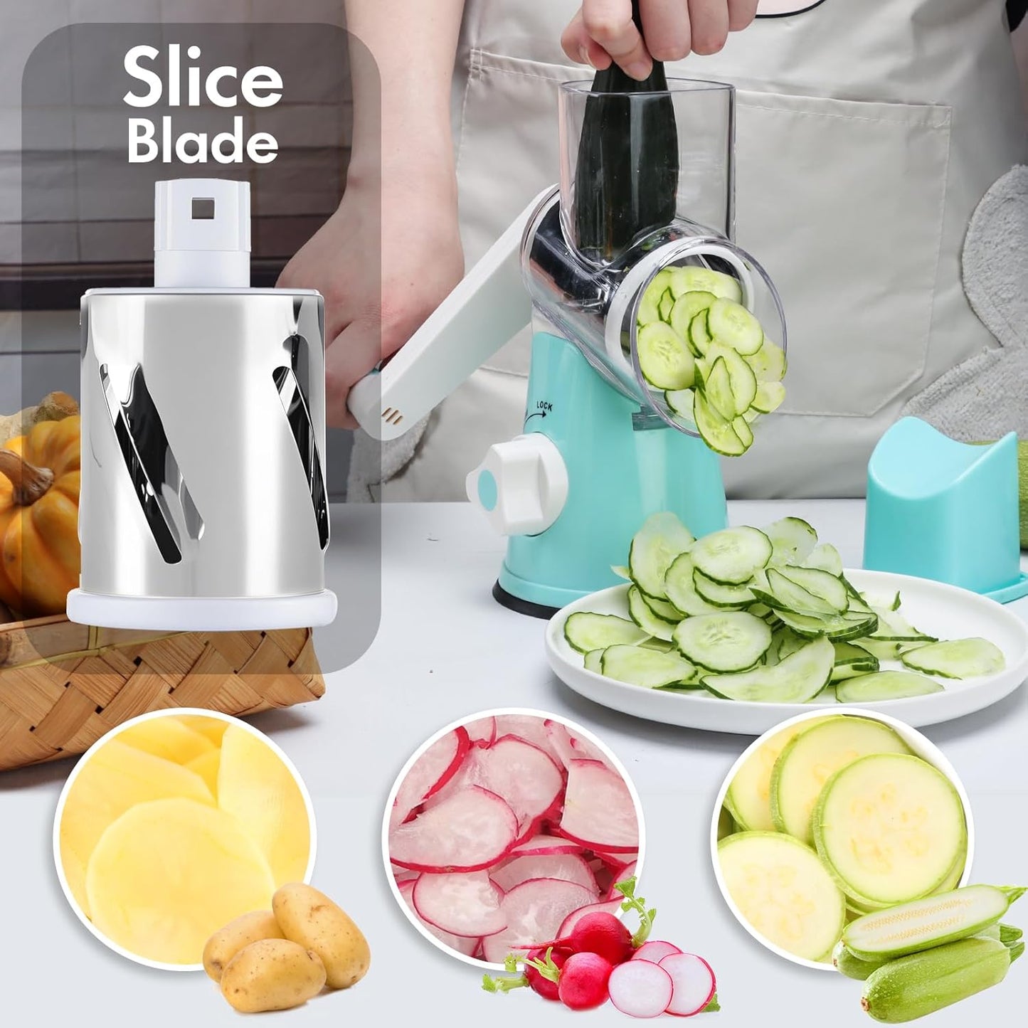 Rotary Cheese Grater with Handle, Round Mandoline Speed Kitchen Slicer, 3 in 1 Multifunctional Vegetable Shredder Manual Nut Grinder for Nuts, Potato, Carrot, Cucumber (Pink)