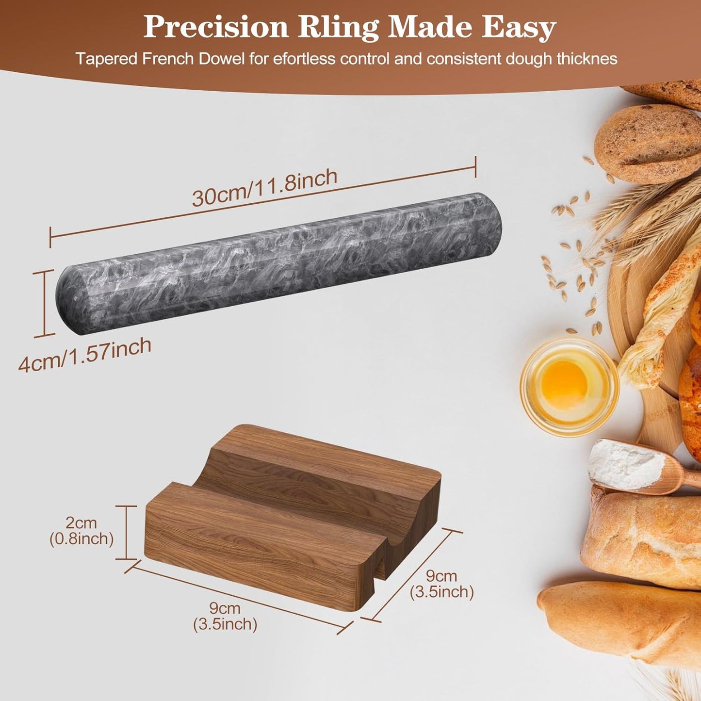 French Rolling Pin for Baking, FiiMan 12 Inch Marble Rolling Pins with Wooden Stand, Heavy Stone French Polished Non-Stick Roller Pins For Baking Cookie Pizza Pastry (Black)