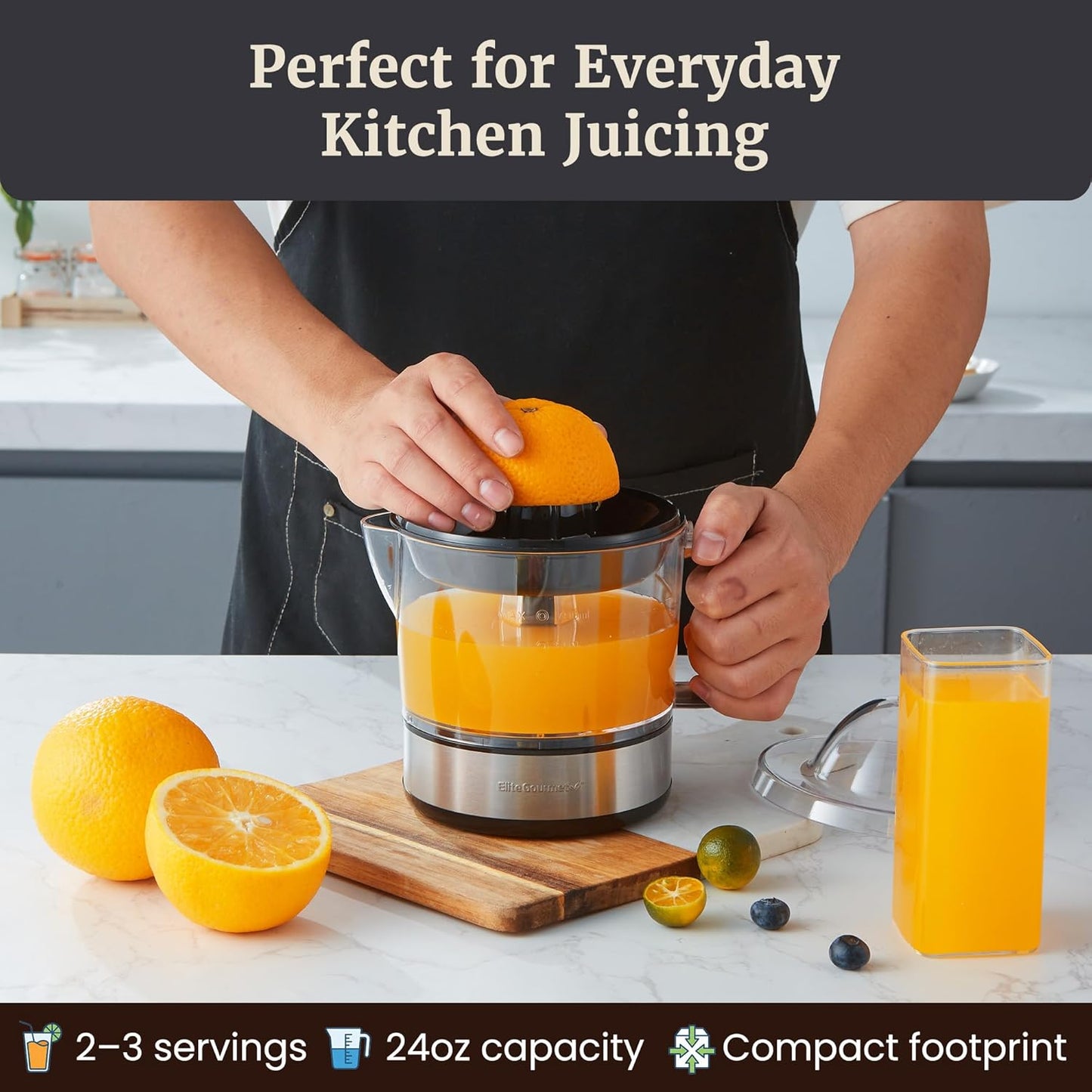 Elite Gourmet ETS326 BPA-Free 40-Watt Electric Citrus Juicer, Compact, Large Volume, Pulp Control, Oranges, Lemons, Limes, Grapefruits with Easy Pour Spout, 24oz, Black/Stainless Steel