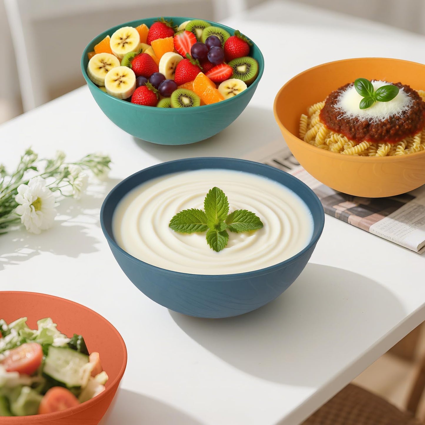 Wheat Straw Bowls Set with Lids, Unbreakable 40 OZ Cereal Bowls Set of 4, Salad Container for Lunch, Microwave & Dishwasher Safe Bowl Set for Kitchen, Picnic, RV, Camping, Multi