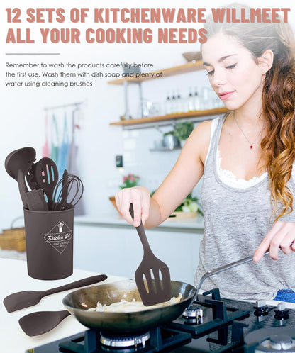 Kitchen Utensils Set-12 Pieces Silicone Cooking Utensils Set (Dishwasher Safe) 392°F Heat Resistant Spatula Set,Kitchen Utensil Set for Nonstick Cookware,Best Kitchen Tools with Holder