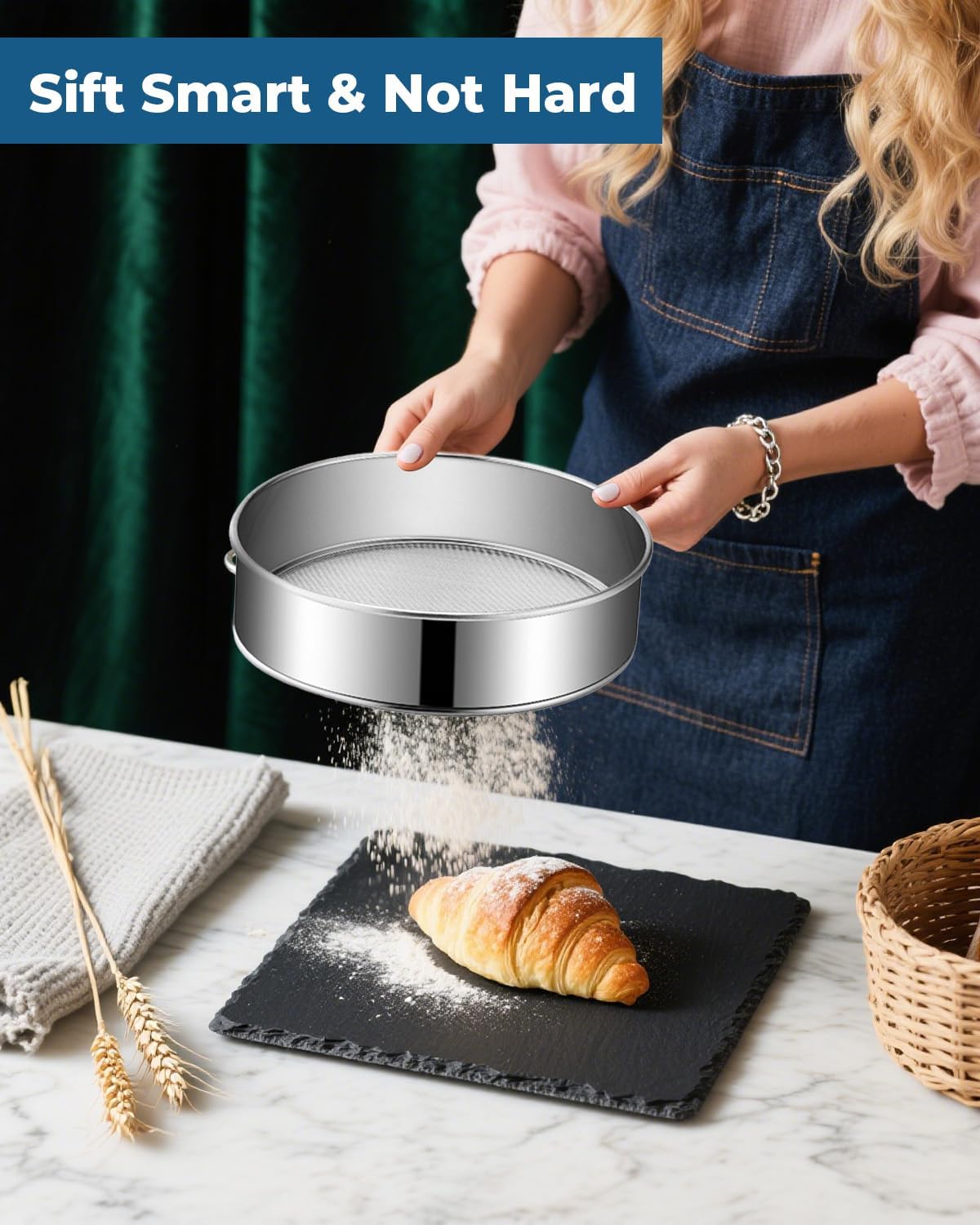 4Pcs Fine Mesh Flour Sifters, 4'' 6'' 8'' 10'' Fine Mesh Drum Sieve Strainer Set 60 Mesh Round Baking Sifter for Cakes, Bread, Pastries & Kitchen Baking Supplies