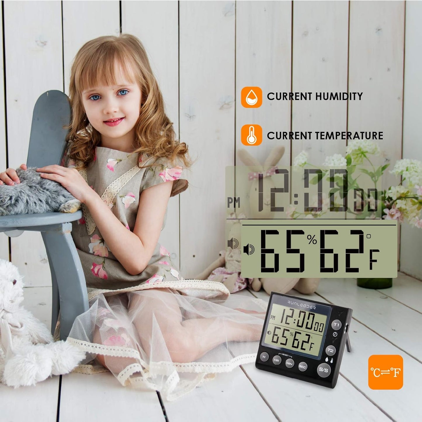 Runleader Digital Kichen Timer,Dual Count-Down & Count-up Tracking, Real-time Clock Display,Temperature and Humidity Record for Cooking Baking BBQ Gym Exam Meeting Personal Care.