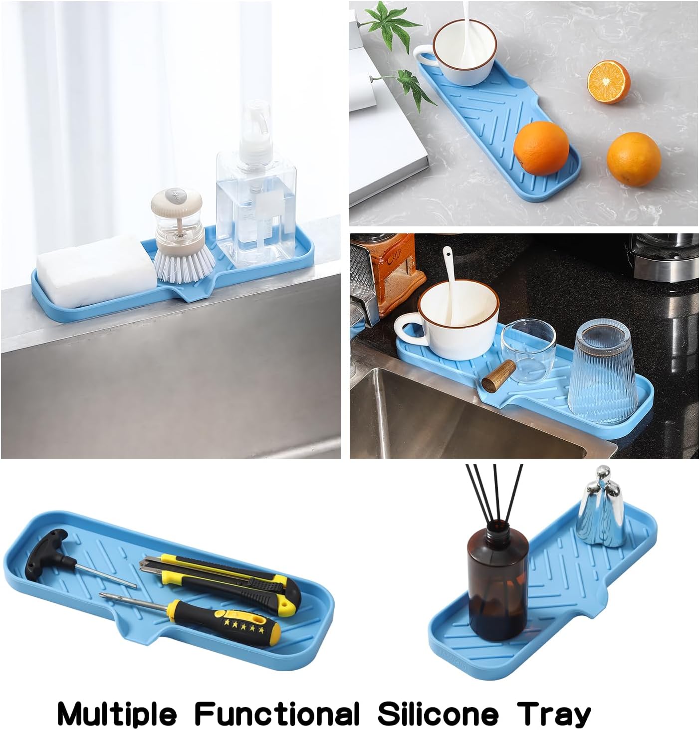 MicoYang Silicone Soap Dish with Drain Spout, Self-Draining Sink Organizer Tray for Bathroom and Kitchen, Sponges, Dispensers and Soap Holder, Non-Slip and Dishwasher Safe, Black (Compact, 4.9"×3.2")
