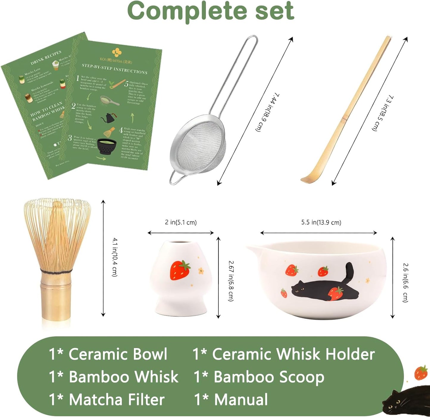 Matcha Whisk Set, 5 Pcs Traditional Japanese Matcha Whisk Preparation Kit, White Glossy Ceramic Bowl with Black Cat and Strawberry Pattern