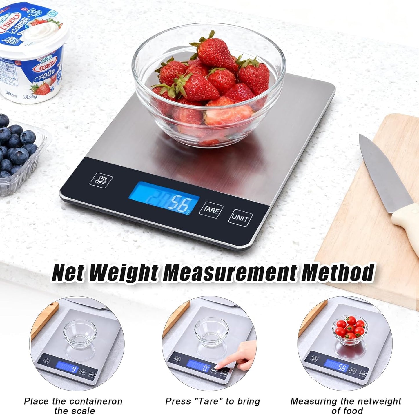 Food Kitchen Scale, 33lb Digital Food Scale Precisely Measures Grams and Ounces for Baking and Cooking, Rechargeable 304 Stainless Steel Kitchen Scale for Food with LCD Display, Batteries Included